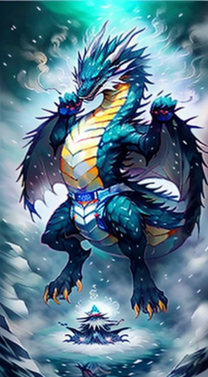 ((drawn by wadorigi on Twitter)(realistic dragon with wings and hornipedal, male proportions, big, muscled, wearing pampers disposable soggy diaper with blue snowflake shaped symbol, throwing icy wind with dense white glowing steam from paws, Kung fu pose, surrounded by mist, surrounded by snowflakes, surrounded by shards, blizzard, in cruise, ocean