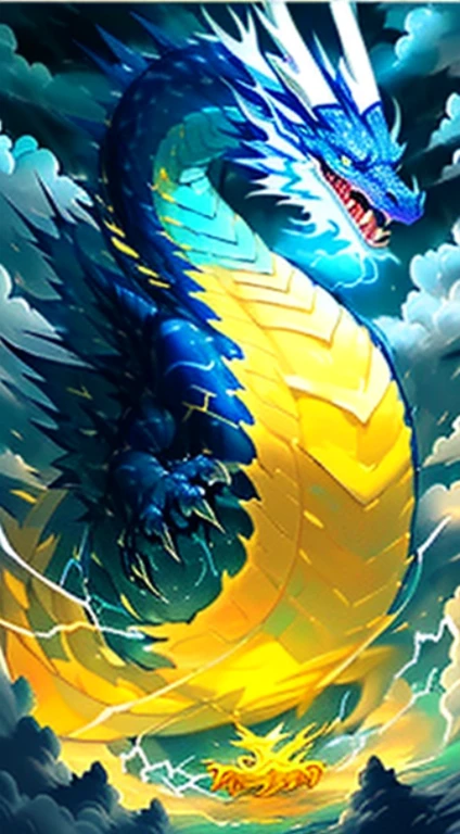 a detailed illustration of the japanese legendary creature "blue dragon" in traditional japanese ink painting style, blue dragon with no wings flying through the swirling dark cloudy sky, holding a small golden ball in its left hand, long tail undulating as it flies, dark, fierce, powerful, dramatic