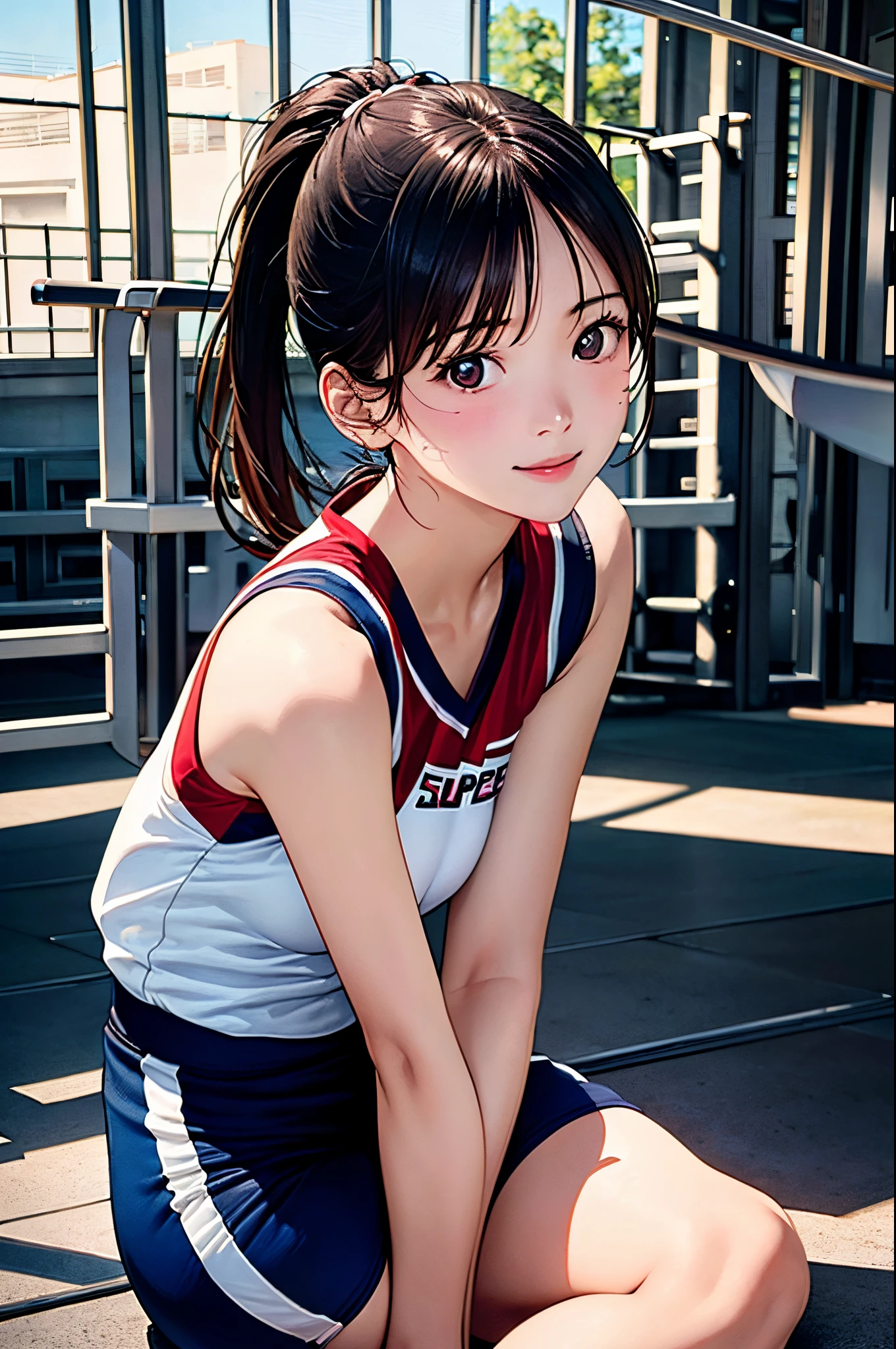 ((((perfect anatomy, super detailed skin)))), 1 girl, japanese, , volleyball player, shiny skin, watching the view,
beautiful hair, beautiful face, beautiful detailed eyes, brown eyeiddle hair:1.4, ponytail:1.5),
beautiful collarbones, beautiful body, Beautiful breasts, beautiful thighs, beautiful legs, babyface, monder eye, large breasts:0.5, seductive thighs, cameltoe,
((symmetrical clothinetallic, sleeveless, volleyball uniform, buruma)),
smile:1.5, sitting floor, ((((m leg, spread legeautiful scenery), morning, ((gymnasium), stadiam),
(8k, top-quality, masterpiece:1.2, extremely detailed), (photorealistic:1.4), beautiful illustration, natural lighting,