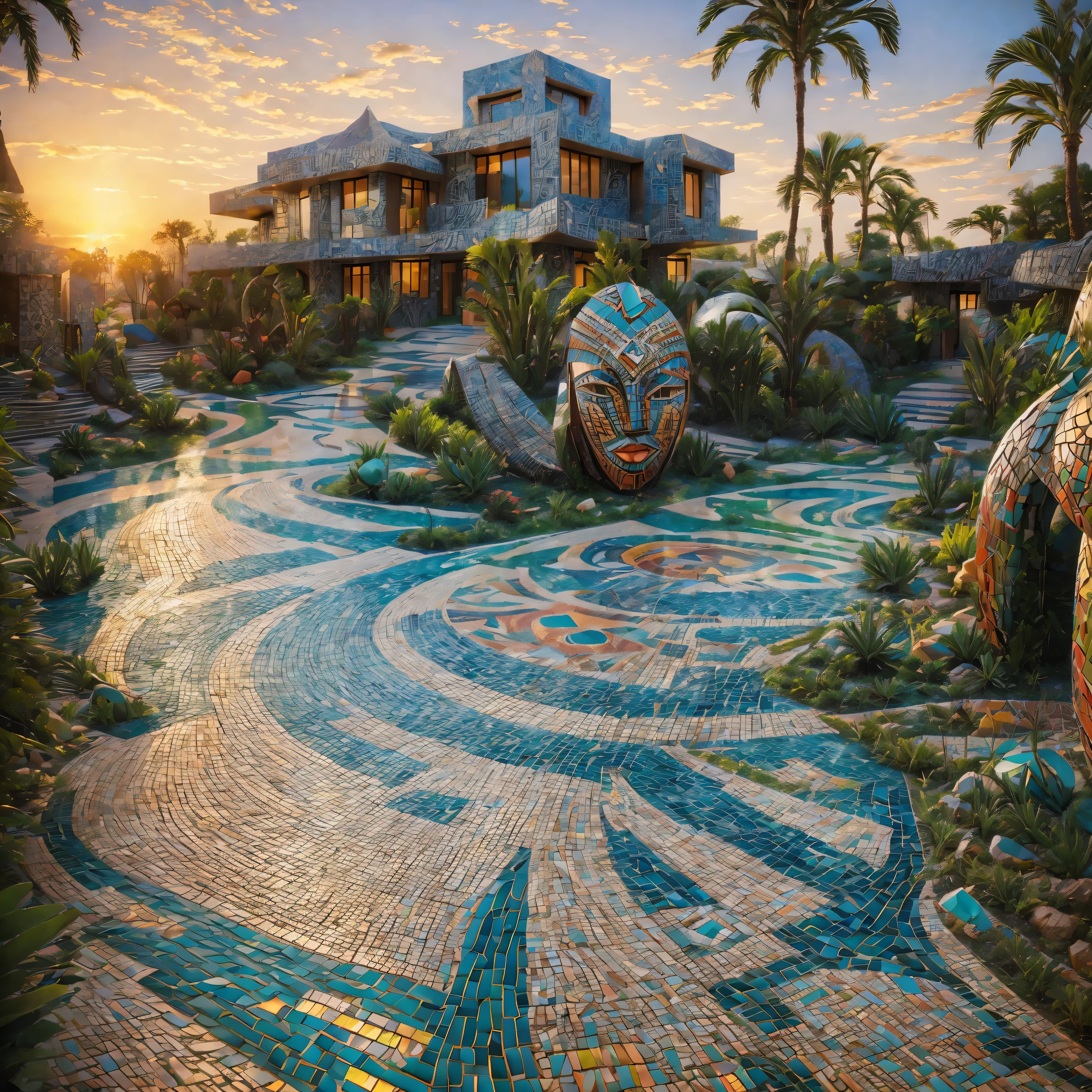 Tribal style villa, external garden, Mosaic tribal sculpture, flagstone road, the sunset, ultra-realistic realism, afofuturism, ultra-realistic realism, artistic décor, concept-art, Stereofuturism, lightand shade contrast, Ray traching, mosaic art, wide wide shot, Best quality at best, A high resolution, Award-Awarded, tmasterpiece, 4K