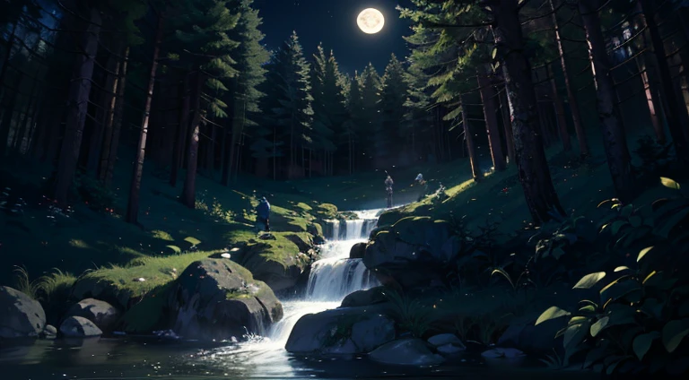 the night、themoon，springtime、low waterfall，pines、earth、hydrosphere、（illustratio：1.0）、Epic composition、forced lighting、high definition detail、tmasterpiece、Best quality，（Very detailed CG - 8k wallpaper）