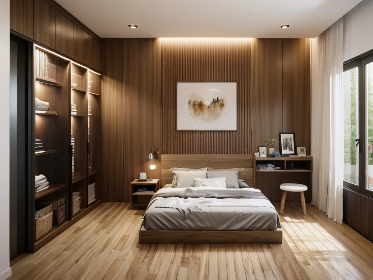 Bedroom design, abstract poster at head bed wall, 1 makeup table, 1 bedside drawer, 1 Modern Wardrobe With Transparent Glass Doors, 1 carpet, 1 big window, curtain, (glossy wood floor), level ceiling, cinematric lighting, warm light, dynamic light, night light, 8k resolution, dslr, UE5 render, (super detail)