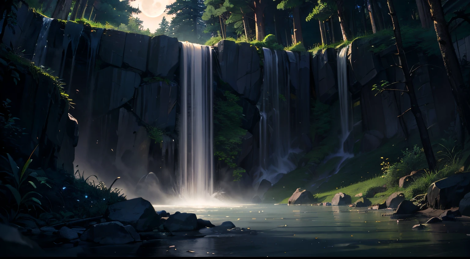 the night、themoon，springtime、low waterfall，pines、earth、hydrosphere、（illustratio：1.0）、Epic composition、forced lighting、high definition detail、tmasterpiece、Best quality，（Very detailed CG - 8k wallpaper）