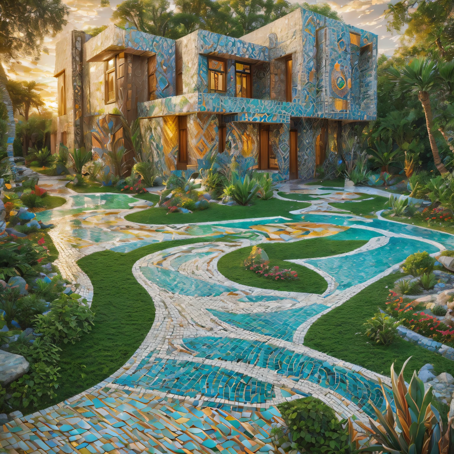 ((Tribal style villa)), external garden, Mosaic tribal sculpture, flagstone road, the sunset, ultra-realistic realism, afofuturism, ultra-realistic realism, artistic décor, concept-art, Stereofuturism, lightand shade contrast, Ray traching, mosaic art, wide wide shot, Best quality at best, A high resolution, Award-Awarded, tmasterpiece, 4K