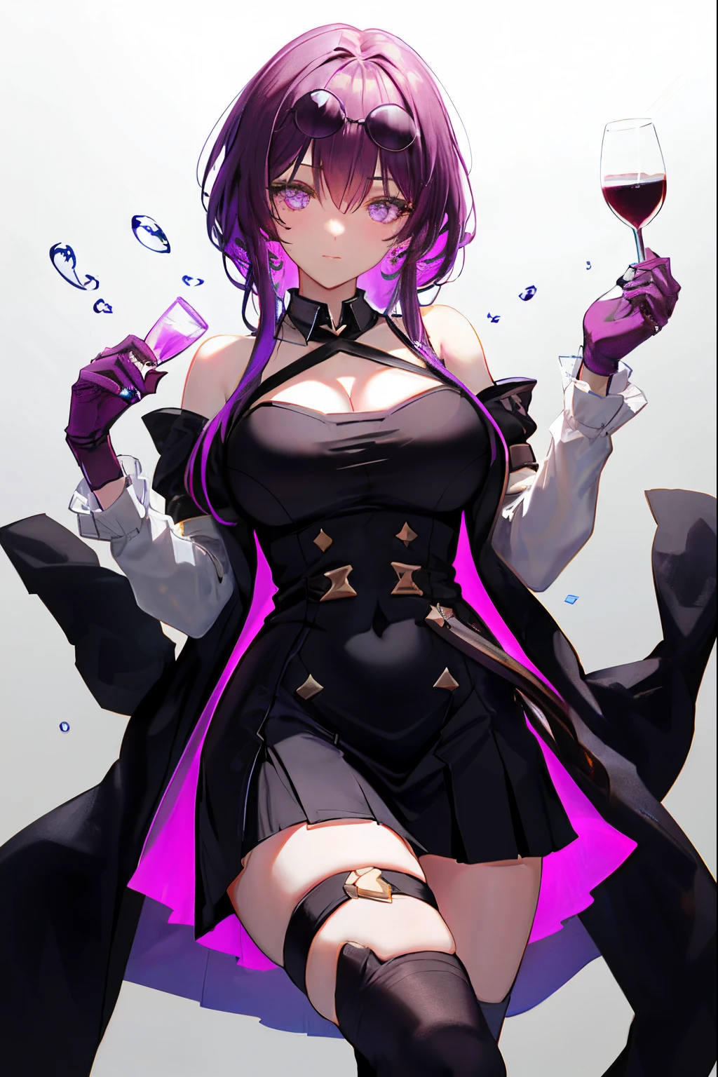 KafkaHKS, Honkai Star Orbit, 1个Giant Breast Girl, alcohol, alternate costume, armlets, of shoulders, with black background, Black dress, Black gloves, Black stockings, , cleave, cross reins, Ccup, a skirt, drinking glass, florals, mitts, gradient backgrounds, hair between eye, wearing sunglasses on the head, halter neck, ngel, Hold a cup, , long whitr hair, looking at viewert, Purple colored hair, Short purple nails, a purple eye, mitts, own, Raise your legs, upper legs, long whitr hair, wine, wine masterpiece)) Purple pleated skirt, sitted,