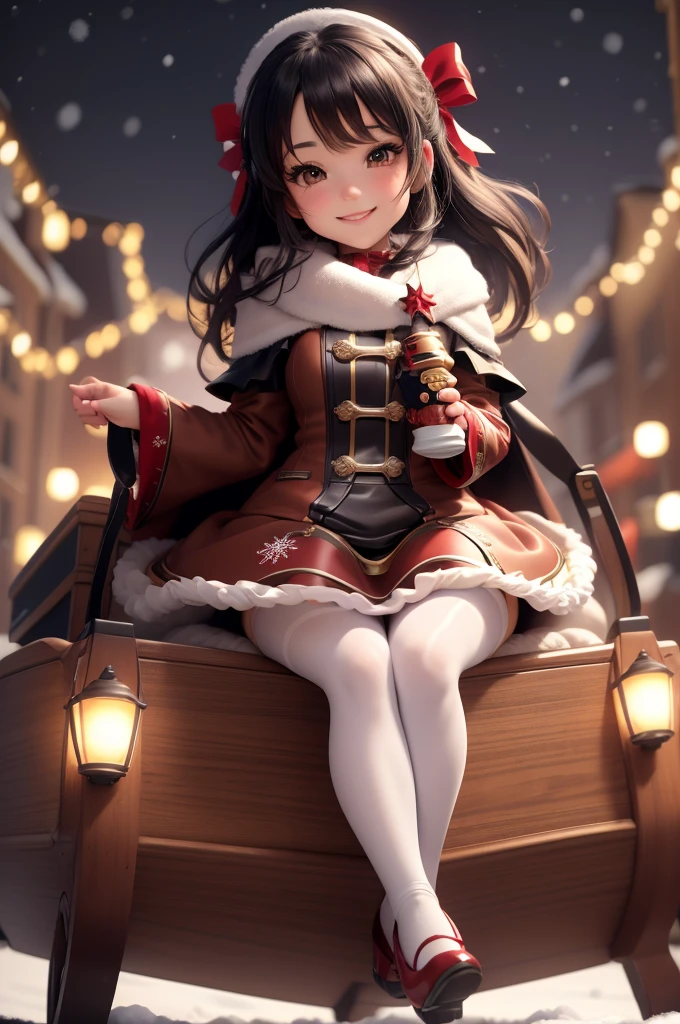 amasterpiece, best quality, 8k, cinematic light, ultra high res, chibi, cute girl smiling sitting on a sleigh, (bigfeet:0.4), (bighands:0.4), black hair, christmas steampunk dress, christmas hair ribbons, white pantyhose, red pumps, magical night, winter night, magical sparks floating, falling snow, dark shadows, ((dark fantasy)),