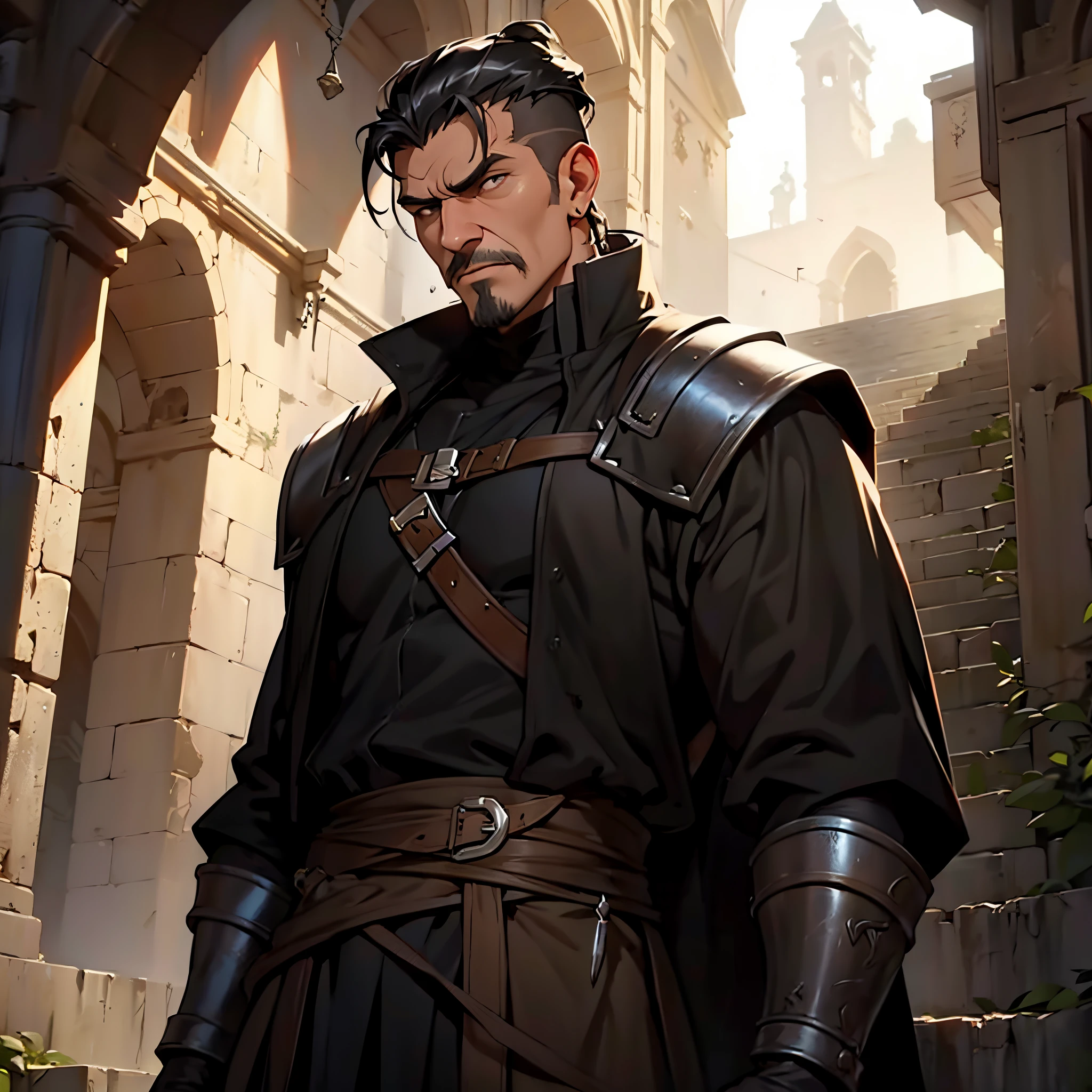​masterpiece, Best Quality, detailed, Cinematics, 4k, Background with: medieval dungeon stairs, Black Hun Mercenary, A middle-aged man with pomade on his black hair and an intense expression...,