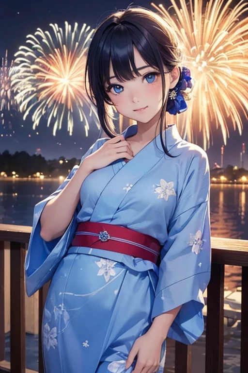 ((masterpiece, top quality, super definition, high definition)), solo, beautiful girl, shining eyes, perfect eyes, , blue theme, yukata, fireworks