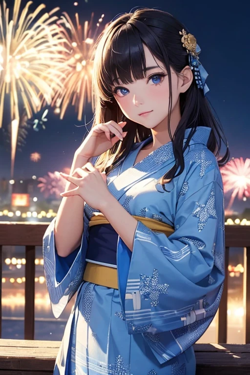 ((masterpiece, top quality, super definition, high definition)), solo, beautiful girl, shining eyes, perfect eyes, 16 years old, blue theme, yukata, fireworks