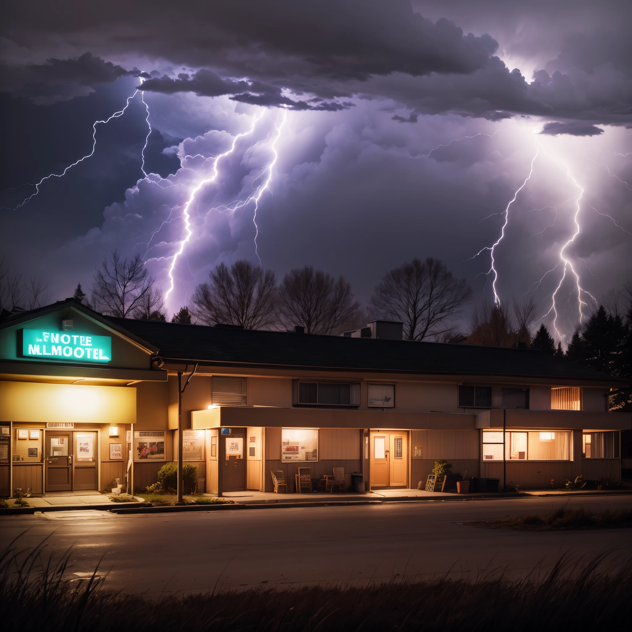 /imagine outside of a creepy motel, late at night, storm and thunder, silhouette, motel sign broken --auto --s2