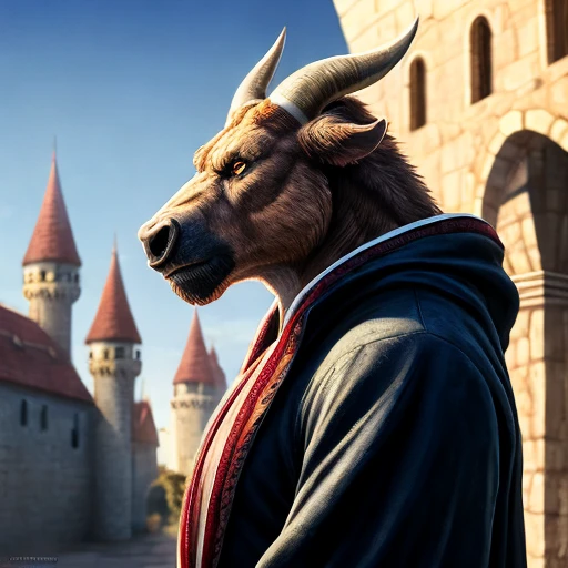 portrait bull wearing brown traveling robes, castle background, intricate, photorealistic, highly detailed, 8K, stoic expression, medium-length horns, two-tone fur, brown and white furred body,