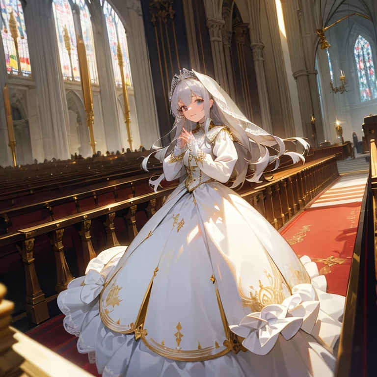 In front of the altar of a majestic church、girl with long silver hair、Classic White Wedding Dresses、Long sleeve、long cuffs with many buttons、golden embroidery、Long Train、lots of frills and lace、white glove、5 fingers、A smile