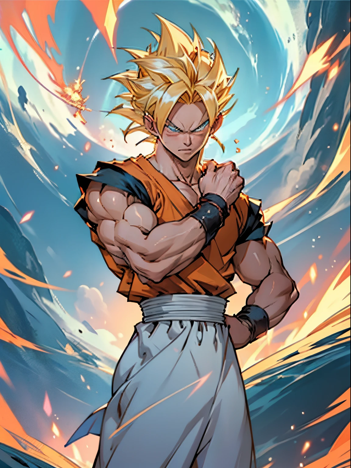 Tác phẩm nghệ thuật thực tế nhân vật Gohan, super saiyan, phong cách hình ảnh thực tế đầy đủ màu sắc, phong cách thực tế, jesus christ go super saiyan, nhân vật dragonball.