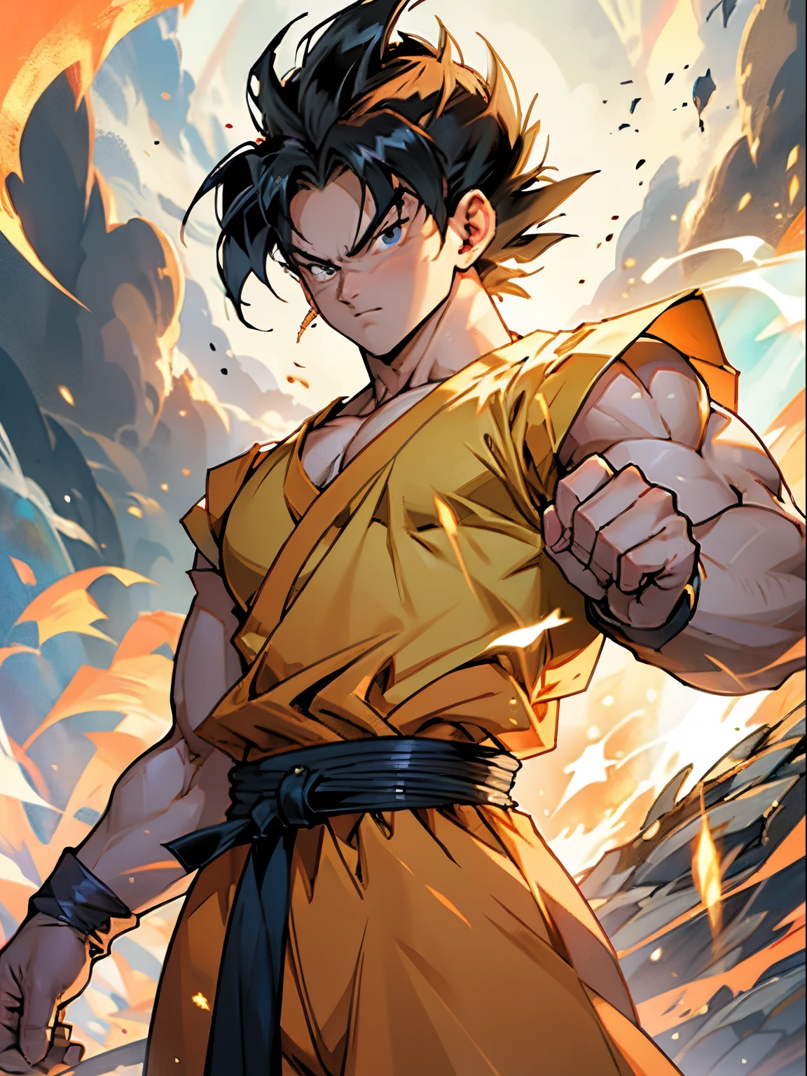 Tác phẩm nghệ thuật thực tế nhân vật Gohan, super saiyan, phong cách hình ảnh thực tế đầy đủ màu sắc, phong cách thực tế, jesus christ go super saiyan, nhân vật dragonball.