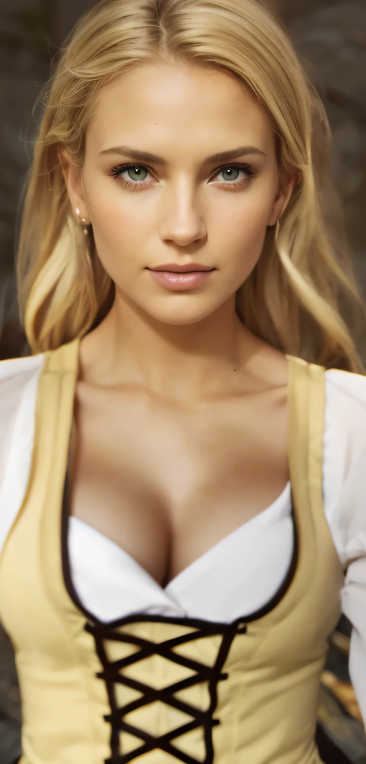 1 woman, Northern European, beautiful, ((upper body selfie, happy)), includes upper body, Filming outside a burned medieval village, Beautiful backlight, Masterpiece, grimdark, gothic, Best Quality, Ultra-detailed, Solo, exteriors, (natta), mountains, Nature, (sao, the moon) cheerful, happy, wealthy looking, medieval armour, You can see some knights outside, woods, rock formations, rivers, wood, smoke, shadowy, contrast, clear skies, analog style (looking up at viewer:1.2) (skin texture) (film grain:1.3), (warm hue, warm tone:1.2), close-up, Cinematic light, Sidelighting, The ultra-Highres, best shadows, ..raw, upper half body, wearing medieval female clothing, corset, warrior woman, armed with a mace, Relaxed and intimate photos, blonde hair, defined cheekbones, model-like features, playful smile, flirty smile, ash blonde hair, light facial scar across cheek