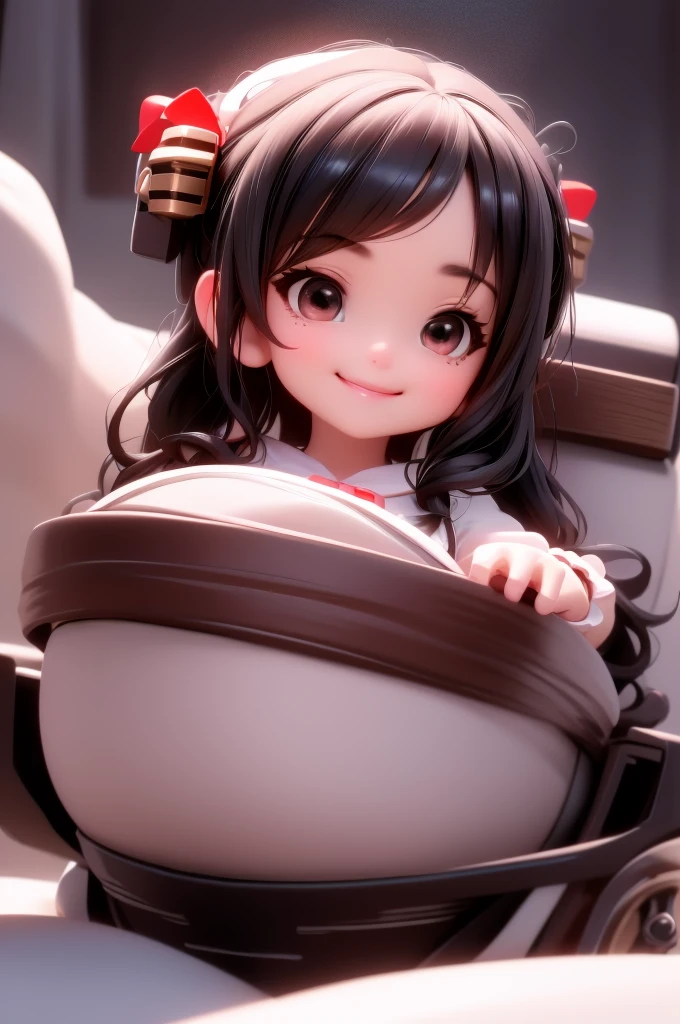 amasterpiece, best quality, 8k, cinematic light, ultra high res, chibi, cute girl smiling sitting on a sleigh, (bigfeet:0.4), (bighands:0.4)black hair, christmas steampunk dress, christmas hair ribbons, white pantyhose, red pumps, magical night, winter night, magical sparks floating, falling snow, dark shadows, ((dark fantasy)),