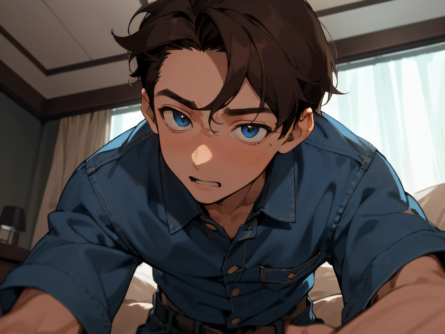 Year's on、elder brother,male people, 30-years old,1 boy、Brown hair,Blue denim shirt,eyes are brown,extreme close - up,Angle from below,perspiring,Impatient expression,Background Hotel,a bed,natta