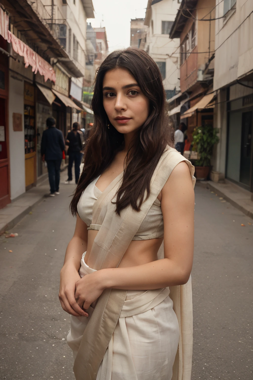 ((best quality)), ((masterpiece)), (detailed), seed 12112001, traditional indian dress, maintain face continuity, indian traditional saree, indian dressing style, continue face identity, western in India,street background,
