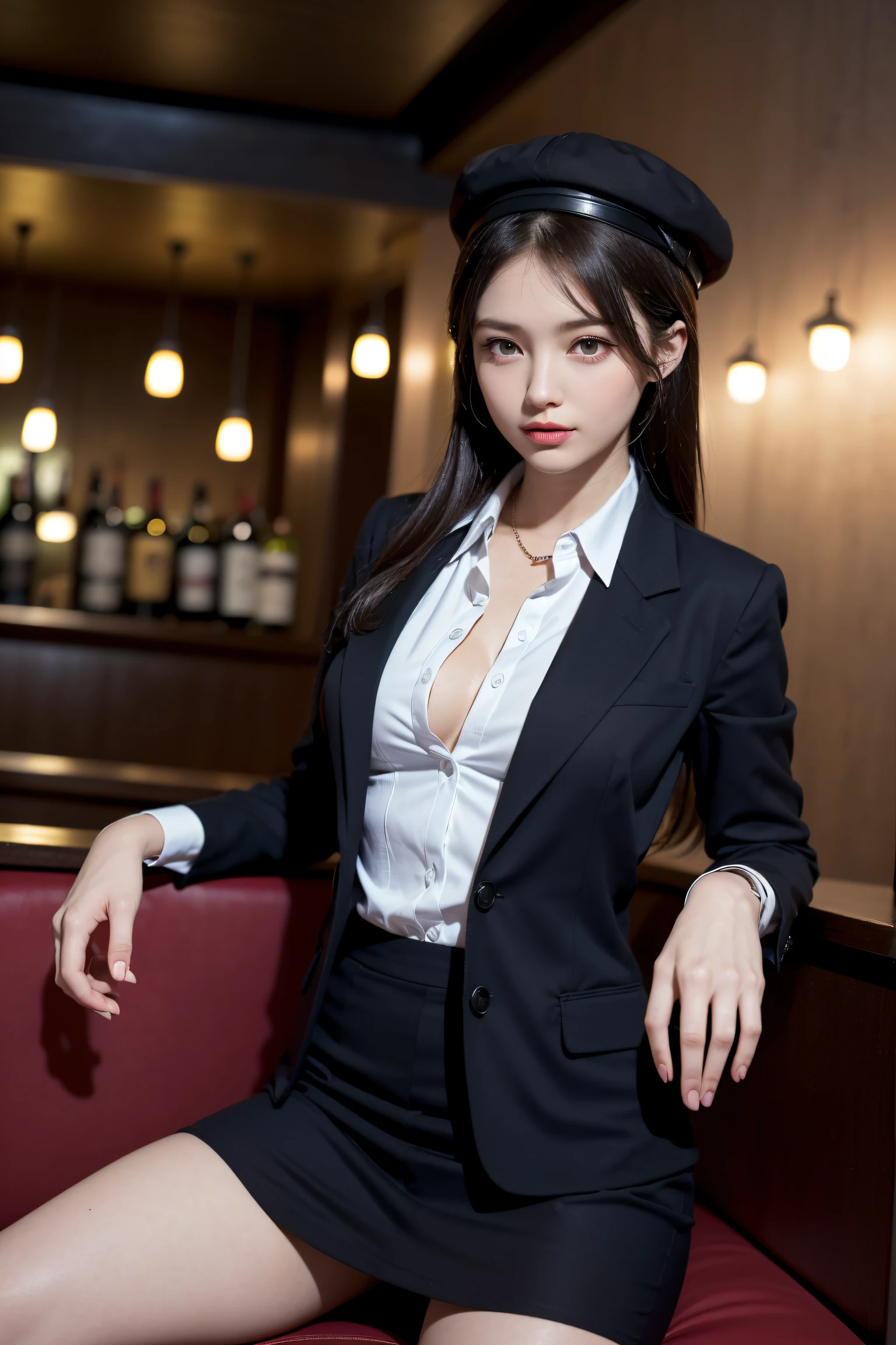 (1womanl), Beautiful, (Best Quality:1.4), (Ultra-detailed), (extremely detailed CG unified 8k wallpaper), Highly detailed, High-definition raw color photos, Professional Photography, Amazing face and eyes, makeup, (amazingly Beautiful girl), ((Business Suit)), ((Mini skirt)), (Business shirt with wide open chest:1.2), Sitting, (Spread your legs), (No panties), (Stylish bar in dim light, drinks, A light, illuminations:1.3), (View from below)