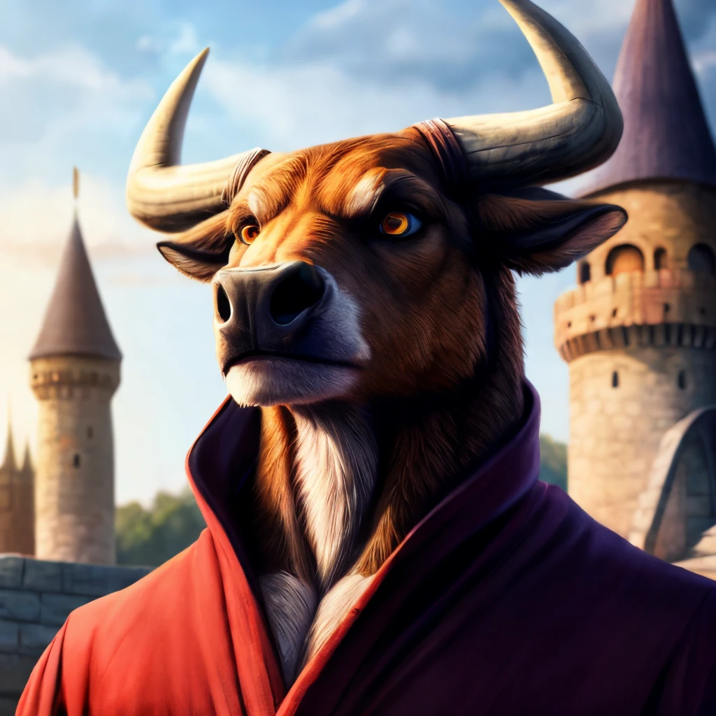 portrait bull wearing brown traveling robes, facing viewer, castle background, intricate, photorealistic, highly detailed, 8K, stoic expression, medium-length horns, two-tone fur, amber eyes, brown and white furred body,