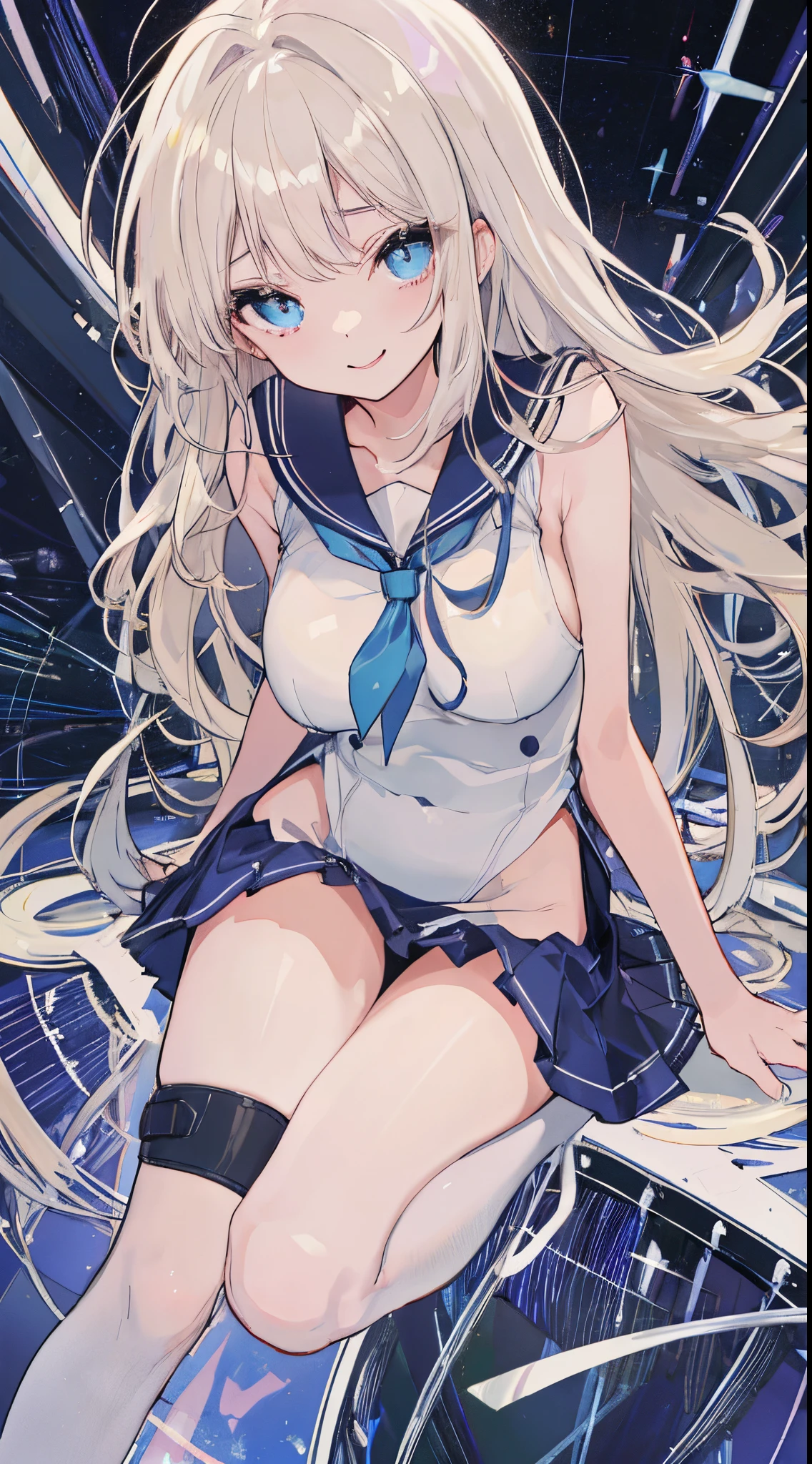 top-quality、realistic touch,high-detail、photoRealstic、Long body、captive beauty、big eye、Colossal tits、Strong platinum blonde eyelashes、platinum-blond、full body Esbian、Sparkling eyes、Submissive smile、Flushed cheeks、Kamimei、thin-waist、Voluptuous thighs、Enraptured look、Raked bangs、The forehead is protruding、Tight sailor uniform、sleeveless、Tight and short skirt with a large slit、Inside a school classroom、She isn't not wearing panties、High-waisted skirt