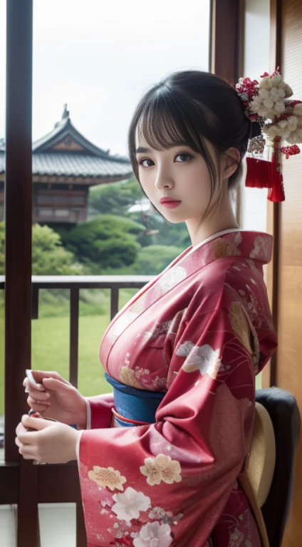 Best Quality, masutepiece, 超A high resolution, (Photorealistic:1.4), Raw photo, 1girl in, Kimono beauty with a crane pattern, gros-plan, Looking at Viewer, castle town, Upstyle, Hair Ornament,Beautiful pictures,fullbody image,