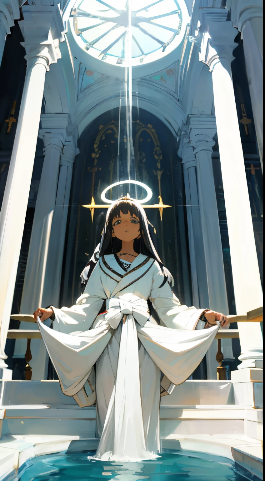 estilo anime, master part: mulher negra jovem nua , 20 anos, seios nus perfeitos, buceta peluda perfeita, Asas de Anjo, place is water inside the ivory white temple, ela sorri, halo above your head, olhos prateados, cabelos longos prateados