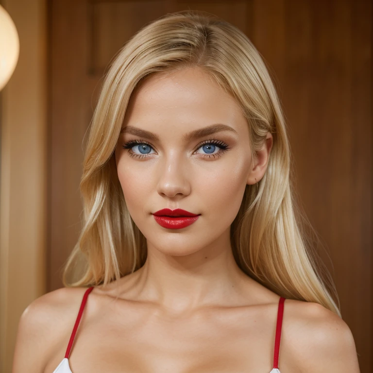 Fit blonde, perfect body, AIbeka, cherry red lipstick, 64k, makeup, full body, top-quality, hightquality, Extreme Detail Photography, Eye for extreme detail, masterpiece, extreme face details, 16k, 8k, 4K, HD, UHD, a beautiful woman, posing for a picture, looking aroused, casual, red lips, depth of field, blonde Blue Eyes Aibeka, full body view, red cheeks, not perfect face skin,
