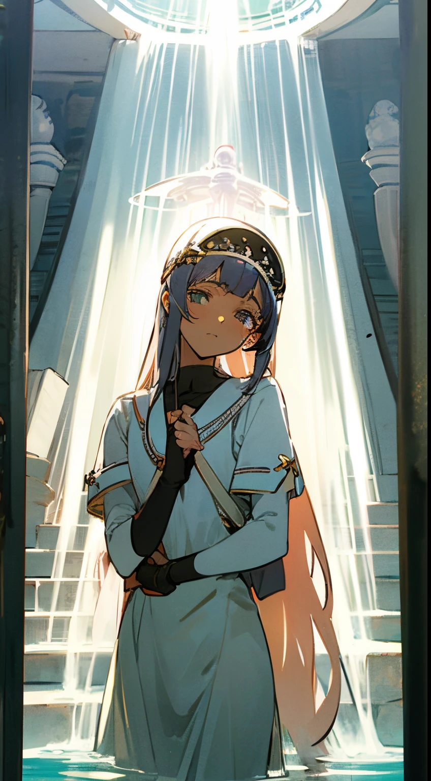 estilo anime, master part: mulher negra jovem nua , 20 anos, seios nus perfeitos, buceta peluda perfeita, Asas de Anjo, place is water inside the ivory white temple, ela sorri, halo above your head, olhos prateados, cabelos longos prateados