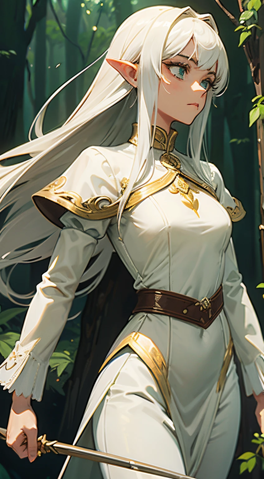 Tessia Eralith, the beginning after the end, Beautiful girl, elfa, cabelos brancos, cabelo com franja, cabelos longos, olhos verdes, pele branca, vestido branco com detalhes em dourado, turtleneck, black pants, mangas compridas, mangas pretas, Pulseiras, punho de espada de madeira, bainha, espada, armadura, fundo da floresta, fundo das madeiras, background lighting, luz verde, plantas crescendo, Videiras