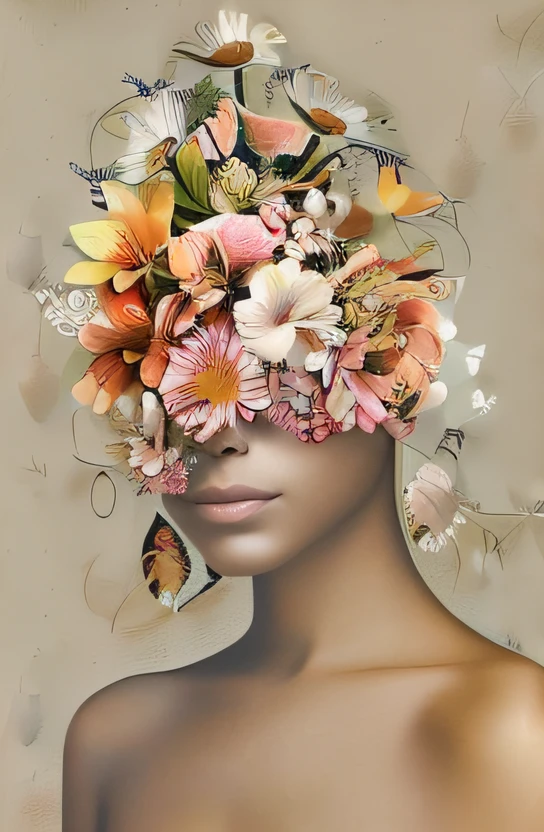 there is a woman with a flower helmet on her head, Face mask made of flowers, rosto floral, deusa flor, flower head, flower mask, mulher nas flores, rainha da flor, inspirado em Igor Morski, feito de flores, menina com um rosto de flor, turbante de flores, art deco flower shaman, cocar floral, arte de colagem