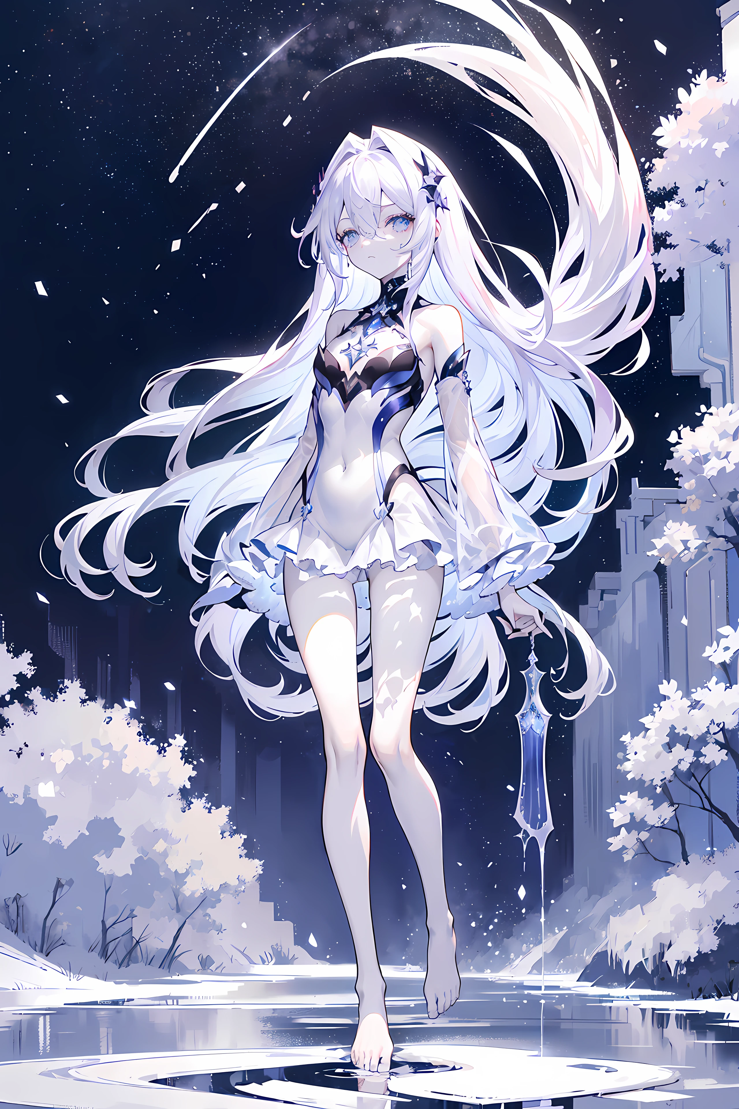 Lilac gradient hair,Asymmetrical hair,((Hair very thick 1.8,chiseled head 1.6)), Hair over the shoulder, messy hair, Very long hair, shinny hair,(Long gray hair:1.2),A beautyful girl,(Luxury Platinum Mini Ultra Short Platinum ta,Made of transparent material),(Transparent clothes transparent 1.8),perfect body figure,big thin legs,slenderness,(looking sad,Haggard complexion ,grieves,shut up:1.2) Against the backdrop of an unusually bright dark starry sky,(Place your hands behind your back),(Round,tuba, strong chest),Barefoot,afloat,waterface,(long leges,long leges,long leges,Gestalt),Full body photo。