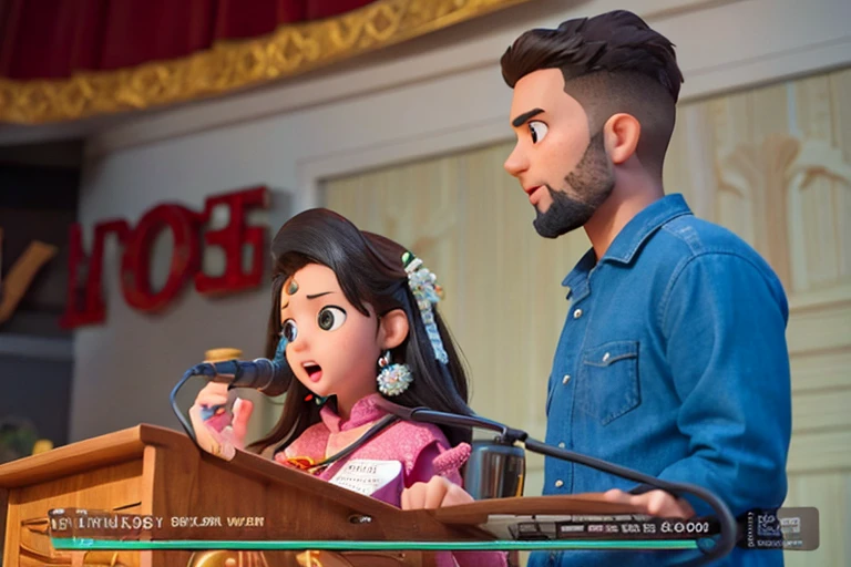 A boy and a girl announcing a program, 3d image, 8k