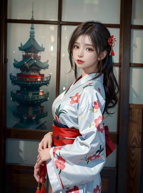 Best Quality, masutepiece, 超A high resolution, (Photorealistic:1.4), Raw photo, 1girl in, Kimono beauty with a crane pattern, gros-plan, Looking at Viewer, castle town, Upstyle, Hair Ornament,Beautiful pictures,fullbody image,