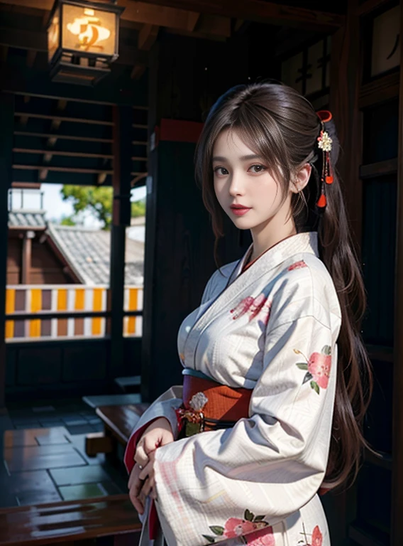 Best Quality, masutepiece, 超A high resolution, (Photorealistic:1.4), Raw photo, 1girl in, Kimono beauty with a crane pattern, gros-plan, Looking at Viewer, castle town, Upstyle, Hair Ornament,Beautiful pictures,fullbody image,