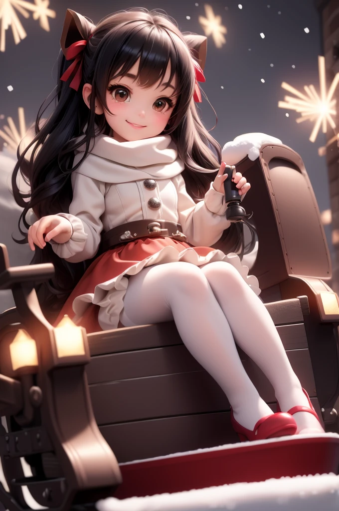 amasterpiece, best quality, 8k, cinematic light, ultra high res, chibi, cute girl smiling sitting on a sleigh, (bigfeet:0.4), (bighands:0.4), black hair, christmas steampunk dress, christmas hair ribbons, white pantyhose, red pumps, magical night, winter night, magical sparks floating, falling snow, dark shadows, ((dark fantasy)),