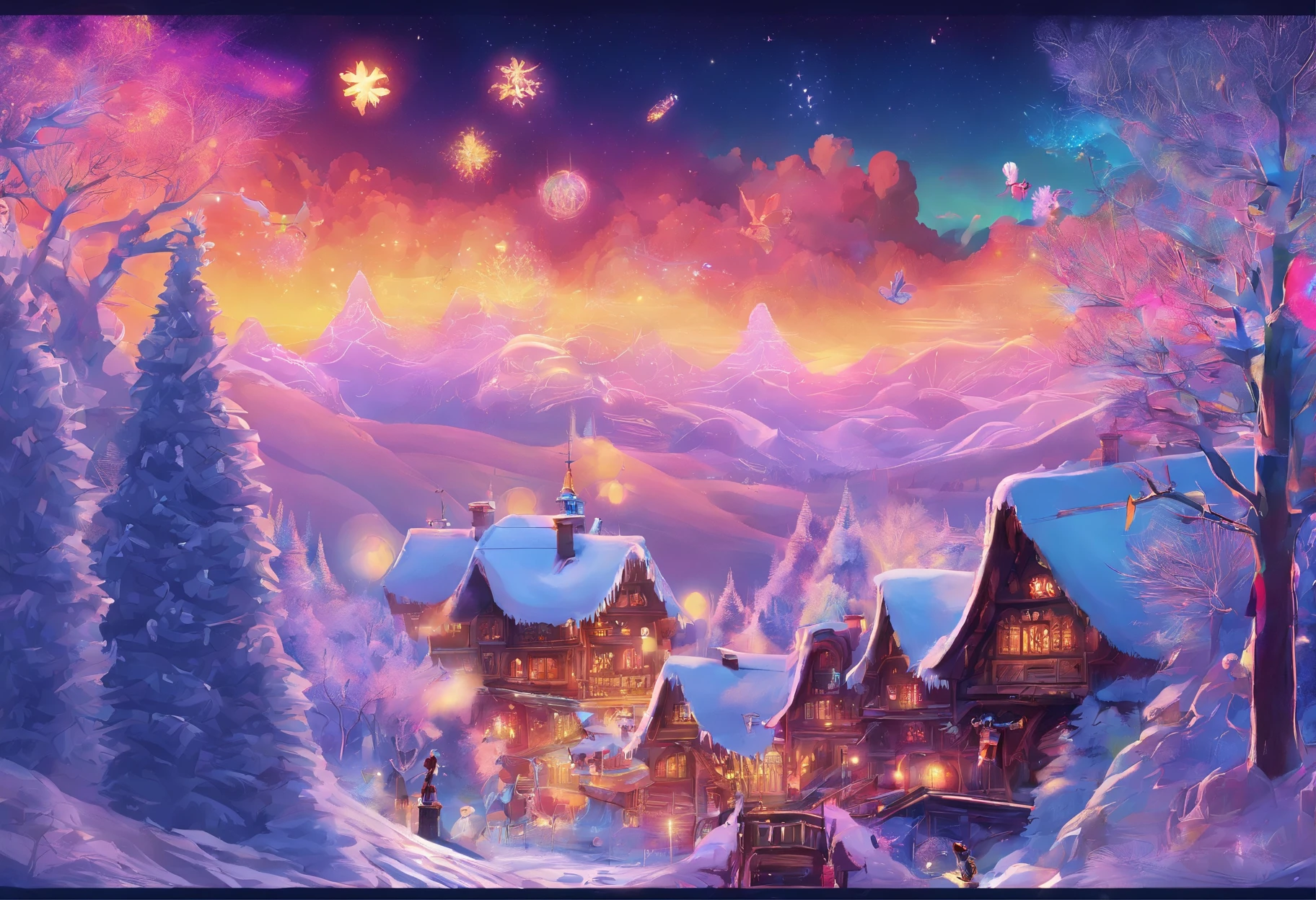 Santa Claus postcard,Intense contour light,Luminous inside,Colorful,((Best quality at best)), ((tmasterpiece)),Enhanced dynamic viewing angle,,glowing effect,ultra - detailed,artworks,high high quality,8K分辨率,depth of fields,电影灯光,epic graphics,high high quality,ultra - detailed,