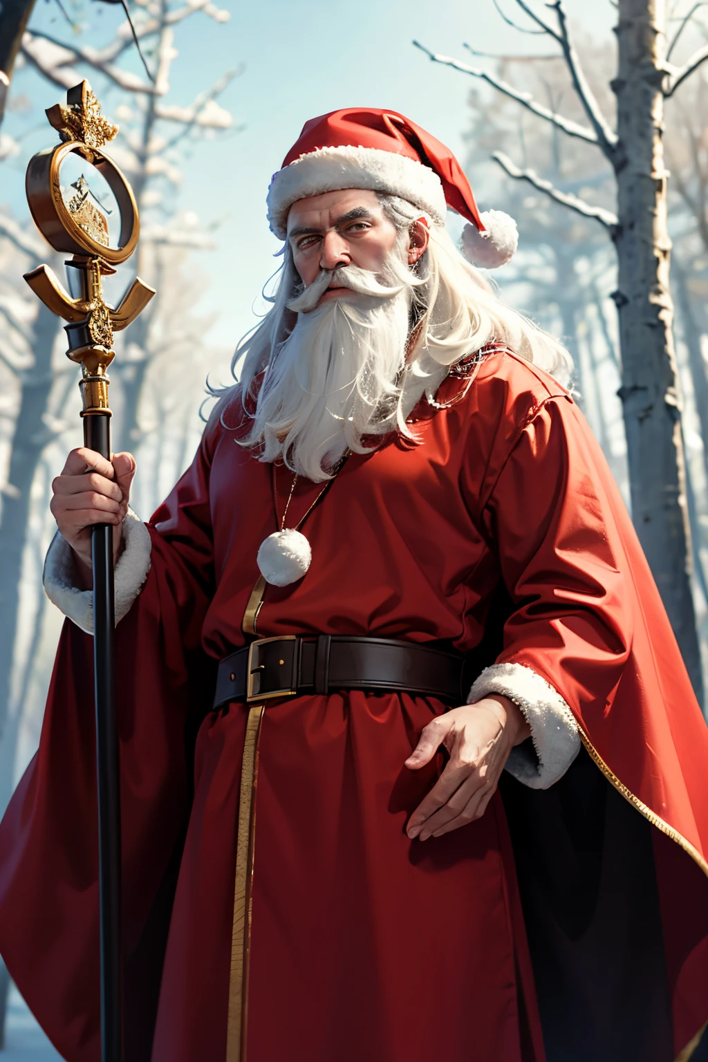 Russian Santa Claus in a red long warm robe with a white collar stands in the forest, holds a staff in his hand,