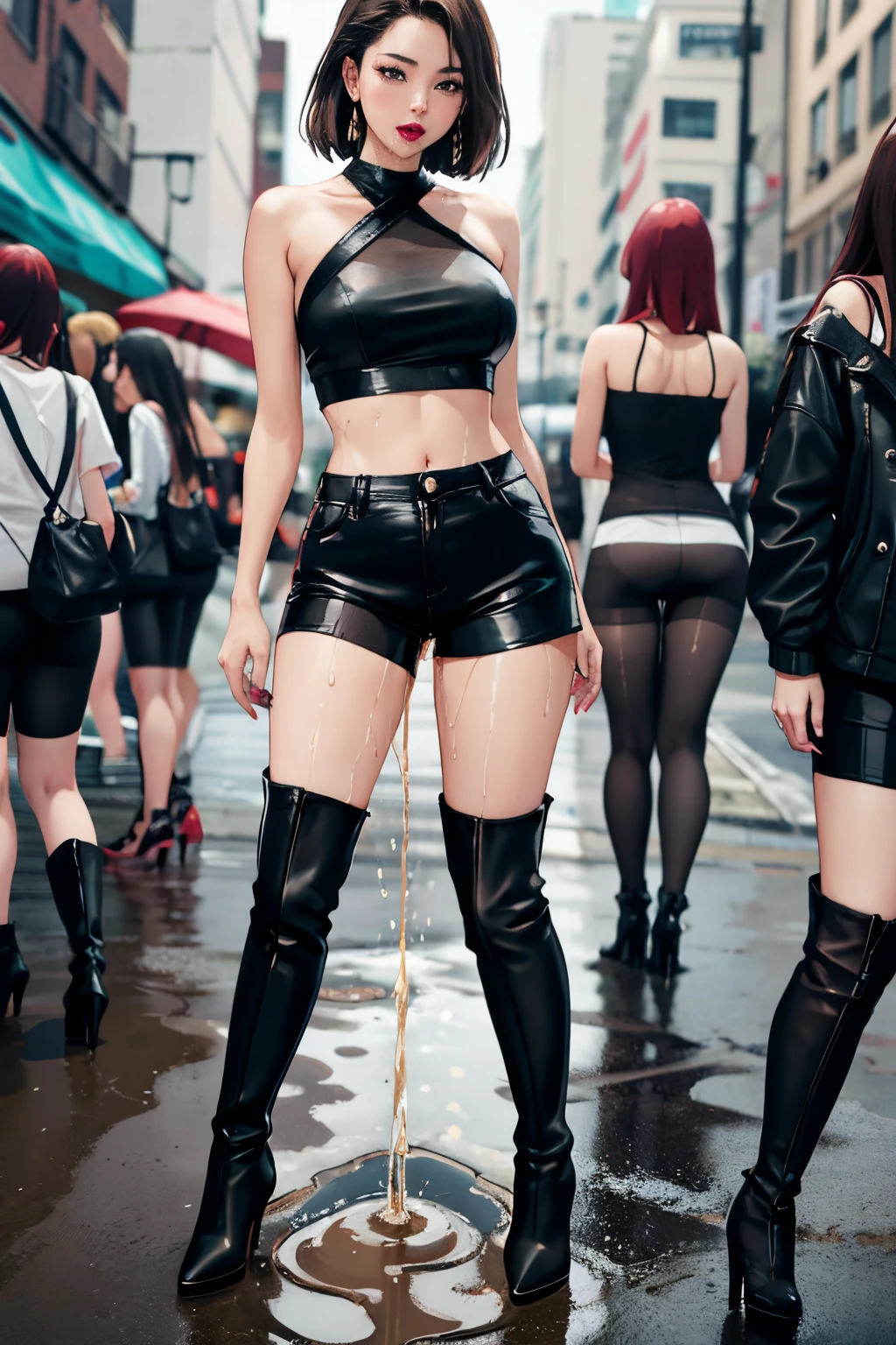 highres, beautiful women, high detail, good lighting, lewd, hentai, (((bike shorts))), (leather halter top), (bare midriff), (((wearing pantyhose))), (((leather thigh high heel boots))), (wet shorts), (((wetting herself))), (peeing herself), peeing stain, (puddle), (thick thighs), nice long legs, lipstick, pretty face, (full body shot), ((posing in public while other women watch))