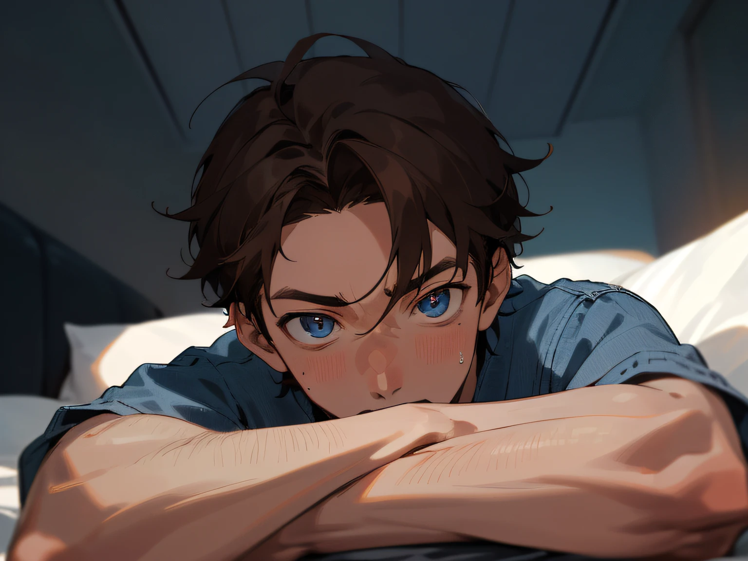 Year's on、elder brother,male people, 30-years old,1 boy、Cool,Brown hair,Blue denim shirt,eyes are brown,extreme close - up,Angle from below,perspiring,Impatient expression,Background Hotel,a bed,natta