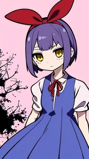 2000s anime cels style, Cartoon style of the 2000s, (flat color:1.2), vivid colors, retro anime, 2000s anime, 2000s anime, early 2000's inspired anime, early 2000's esthetics, the anime, with schoolgirl, red ribbon around the neck, yellow eyes, pink dress, white sleeves, sad face, girl in depression, ((indigo hair)), full height, Full-length girl, best Quality, blood, bloody girl, blood on hands