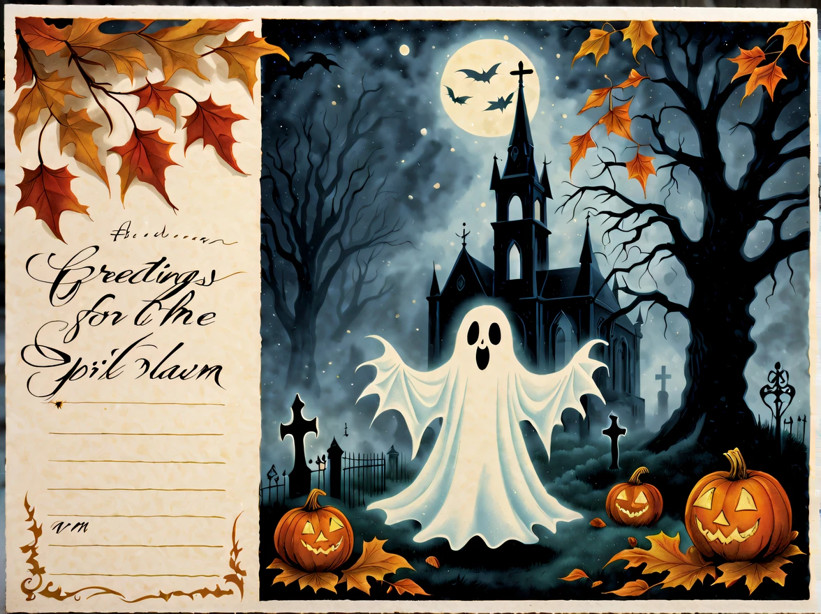 (vintage:1.3), (solo:1.3), design a standing (captivating gothic postcard) with a cute floating ghost surrounded by eerie moonlight and mist, mischievous smile, haunting glow over an old cemetery in the background, (the postcard has handwritten text that reads "Greetings from the Spirit Realm" in elegant, gothic font), perfect balance between spooky and adorable, (adorned with autumn leaves and nuts), More Detail