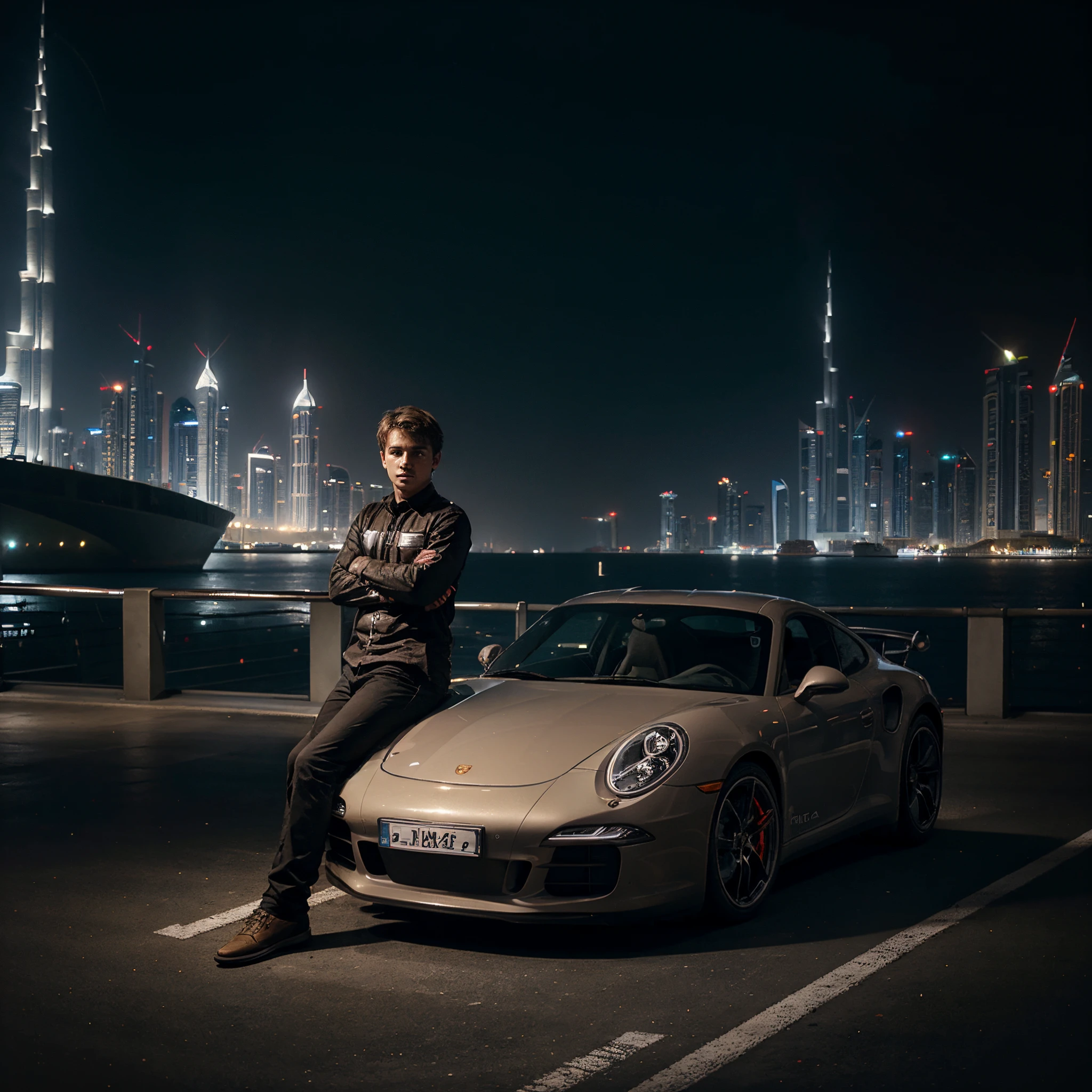 young boy car enthusiast, light brown hair, leaning on behind him in second front a porsche 911 gt, dark photo with lights in the middle of the skyscrapers of dubai marina, human realistic photo hiqh quality