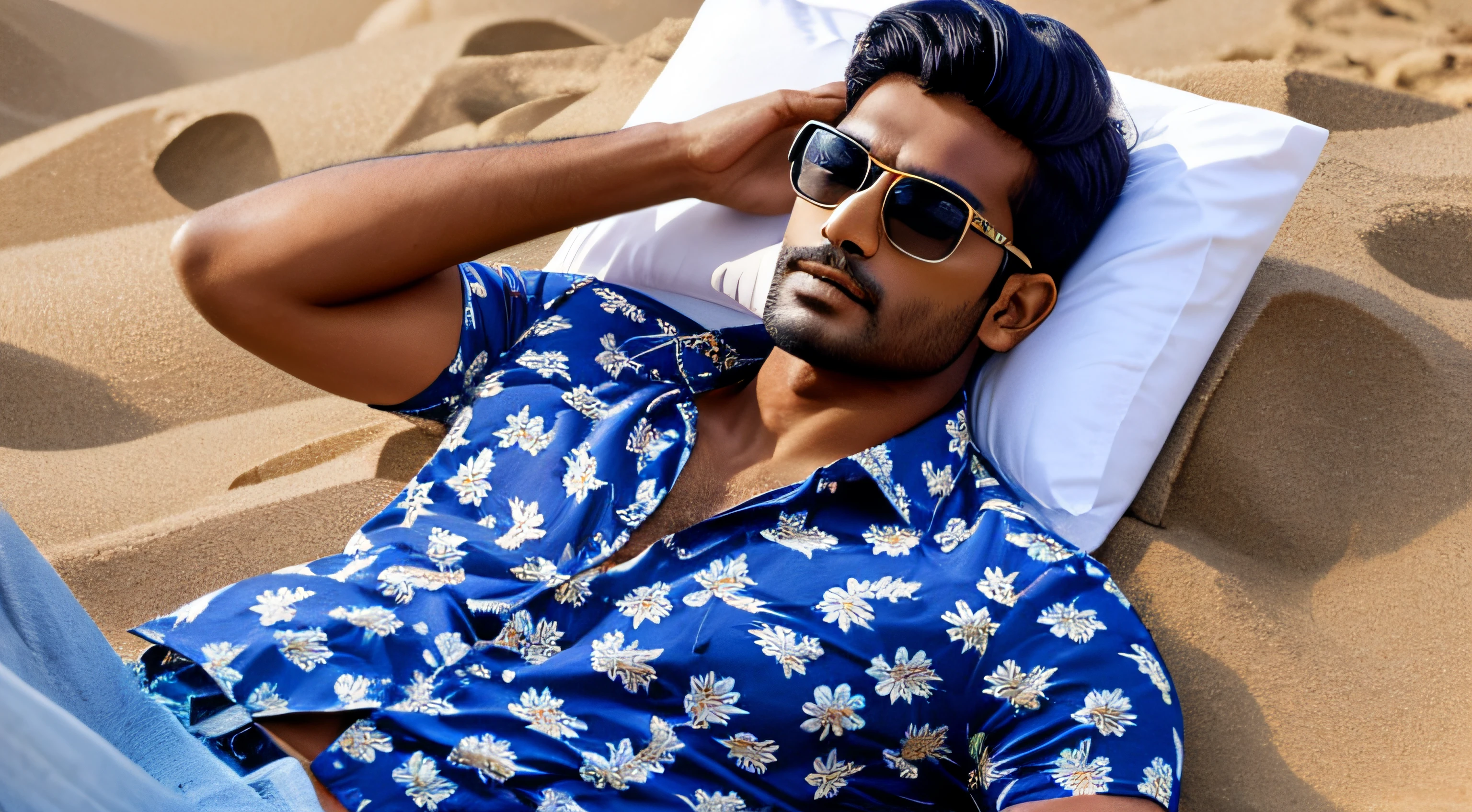an indian male model sleeping on the beach wearing a printed floral shirt and with a blue jeans waering a blue glasses,