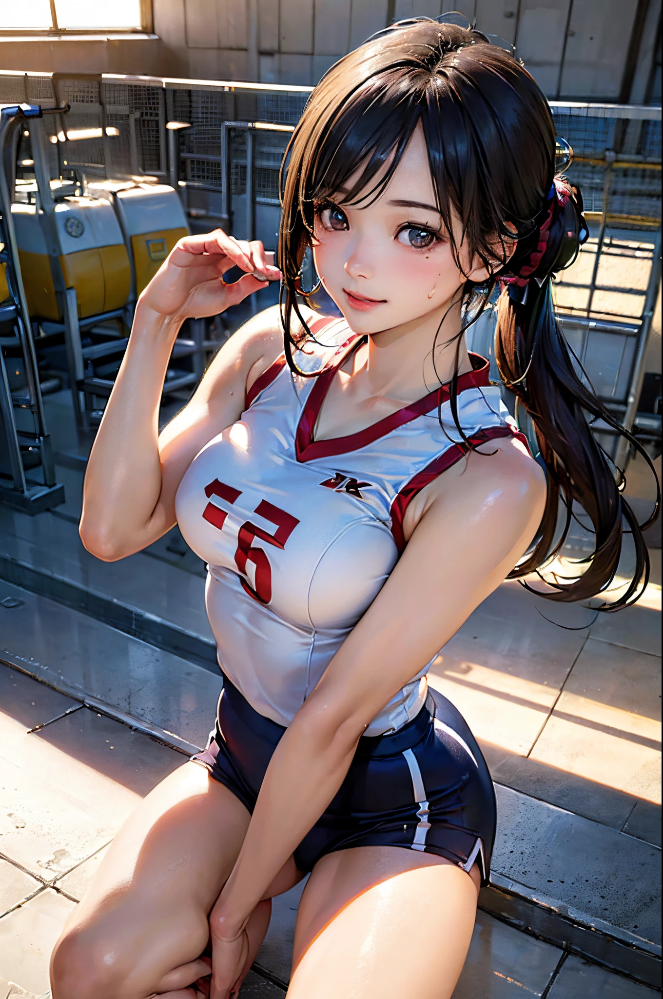 ((((perfect anatomy, super detailed skin)))), 1 girl, japanese, , volleyball player, shiny skin, watching the view, 
beautiful hair, beautiful face, beautiful detailed eyes, brown eyeiddle hair:1.4, ponytail:1.5), 
beautiful collarbones, beautiful body, Beautiful breasts, beautiful thighs, beautiful legs, babyface, monder eye, large breasts:0.5, seductive thighs, cameltoe, 
((symmetrical clothinetallic, sleeveless, volleyball uniform, buruma)), 
smile:1.5, sitting floor, ((((m leg, spread legeautiful scenery), morning, ((gymnasium), stadiam), 
(8k, top-quality, masterpiece​:1.2, extremely detailed), (realistic, photorealistic:1.4), beautiful illustration, natural lighting,