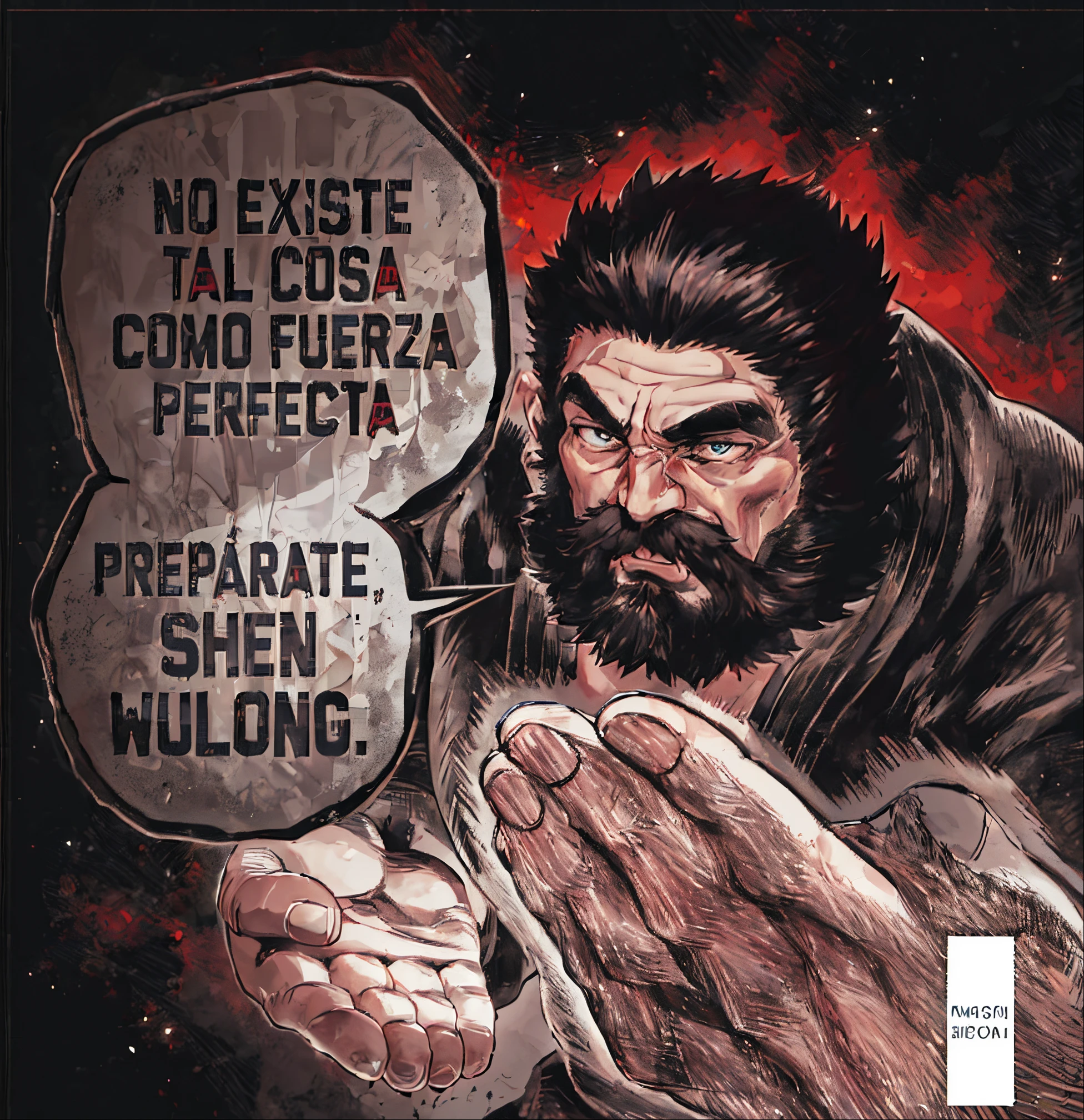Una imagen de un hombre con barba y en una pose de combate, epic, obra maestra, aura de pelea.
