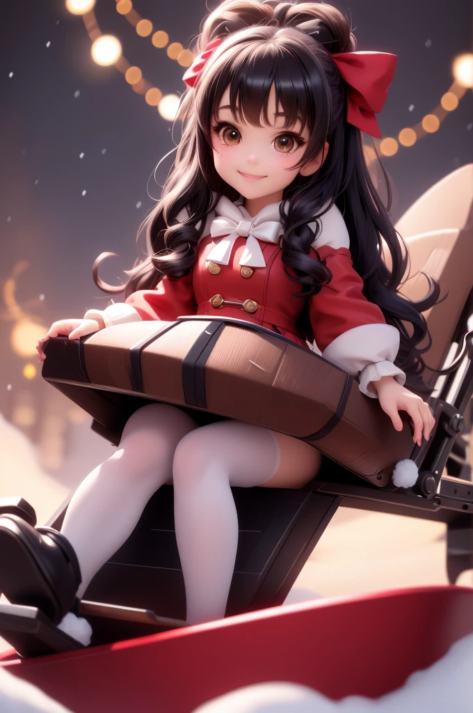 amasterpiece, best quality, 8k, cinematic light, ultra high res, chibi, cute girl smiling sitting on a sleigh, (bigfeet:0.4), (bighands:0.4)black hair, christmas steampunk dress, christmas hair ribbons, white pantyhose, red pumps, magical night, winter night, magical sparks floating, falling snow, dark shadows, ((dark fantasy)),