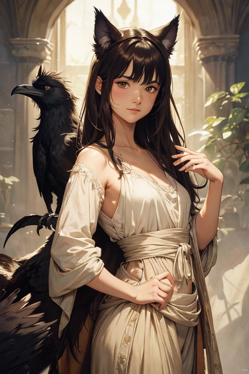 Brian Froud style, oil painting, chiaroscuro, comic style, A hybrid creature with the body and head of a wolf but the feathers and tail of a raven, on (cold pressed 300g/m² cotton paper), dynamic, highly detailed, artstation, concept art, smooth, sharp focus, illustration, art by John William Waterhouse, details by Carl Larsson, detailed cavern background, 60-30-10 color rule, warm tones, rays of light, studio lighting, white background, pastel colors