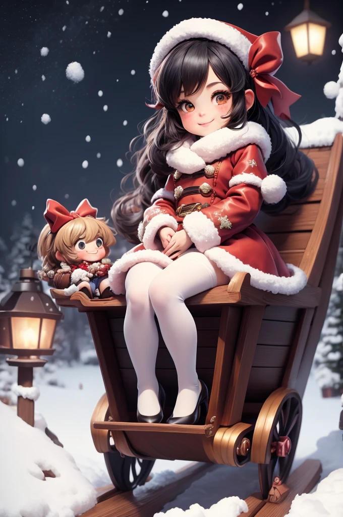 amasterpiece, best quality, 8k, cinematic light, ultra high res, chibi, cute girl smiling sitting on a sleigh, (bigfeet:0.4), (bighands:0.4)black hair, christmas steampunk dress, christmas hair ribbons, white pantyhose, red pumps, magical night, winter night, magical sparks floating, falling snow, dark shadows, ((dark fantasy)),