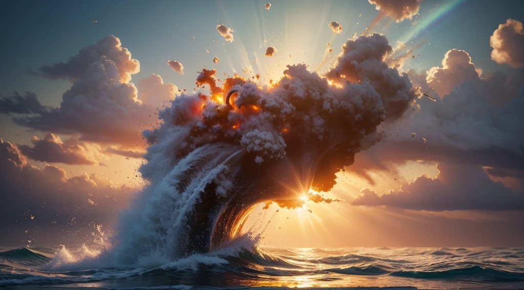 photorealistic, best quality, hyper detailed, a jesus christ sun god (level difference:),(Painting colliding and splashing on the canvas),(depth of field), (rainbow hair liquid paint:) made of painting and defies gravity, thick flow, (paint splashes:), liquid state, incredibly beautiful, masterpiece, detailed background, high quality model, ethereal background, abstract beauty, explosive volumetric, oil painting, heavy brushstrokes, romantic lighting, sub-surface scattering, 135 mm lens, f1.8, brightness, 8k, high resolution, dreamy, ray tracing, hdr, divine rays, very high quality 4k.